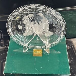 MIKASA Nativity Scene Frosted Crystal Plate Christmas 7 X 9” Box & Velvet Bag